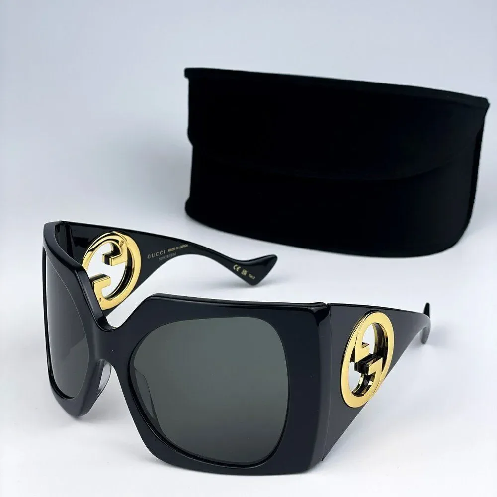 NEW Gucci GG1255S 001 Black Grey Wraparound Oversized Women Sunglasses